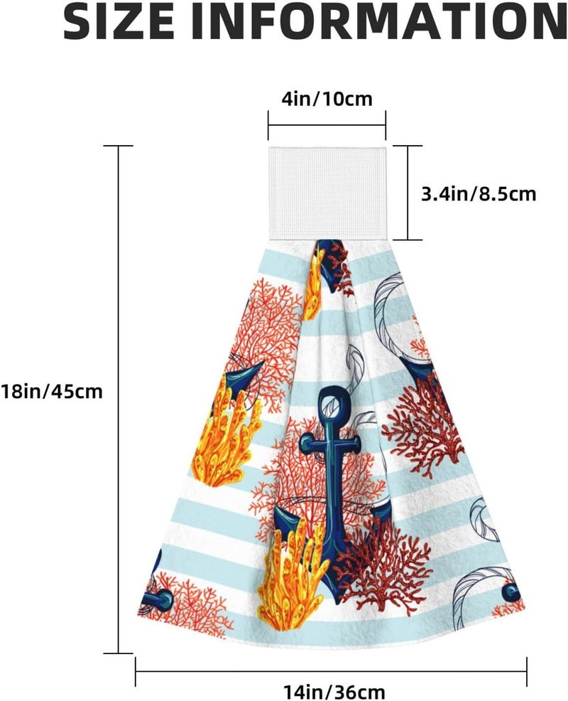 PDDCWAY Anchor Hanging Hand Towels 2 Pcs Absorbent Nautical Blue White Stripe Hand Towels Sea Coral Hanging Kitchen Towels Soft Breathable Anchors Fingertip Towel for Bathroom Kitchen Hotel Spa Decor Gift - Image 3